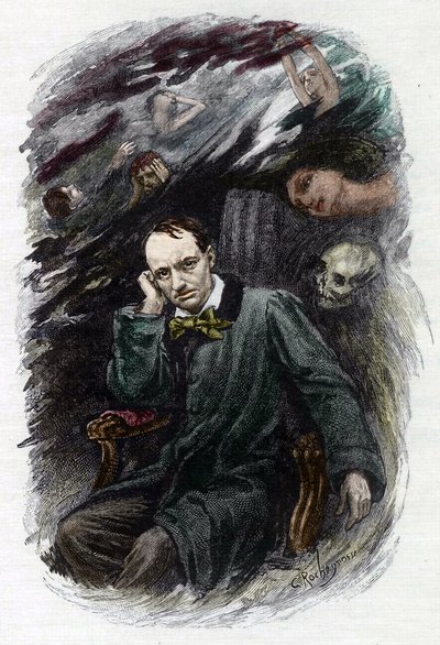 Portrét francouzského básníka Charlese Baudelaire (1827-1861) obklopuje jeho duchové (reprezentace francouzského romantického básníka Charlese Baudelaire obklopeného duchy, ilustrace pro „Květiny zla“ “) ilustrací Georges Antoine Rochegrosse (1859-19 od Georges Marie Rochegrosse