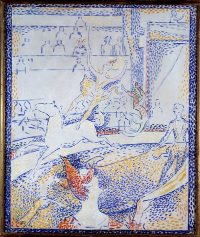 Cirkus Tanečnice předvádějící akrobatické číslo na koni a klaun. Skica Georgese Seurata (1859-1891) 1891 Sun. 0,55x0,46 m Paříž, musee d