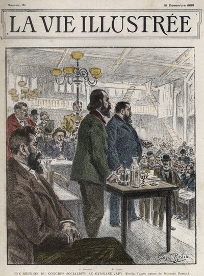 Generální kongres socialistických organizací, který se konal v Paříži v prosinci 1899, na Gymnasium Japy - Jean Jaures (1859-1914) a Eugene Fournier (1857-1914) kresba Georges Redon - la vie illustree de 1899 od Georges Redon