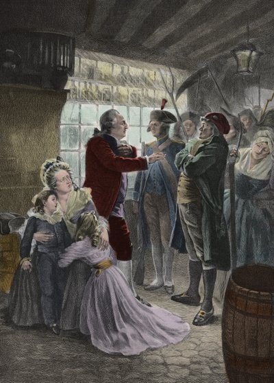 Francouzská revoluce: 21. června 1791 Královská rodina (francouzský král Ludvík XVI., královna Marie Antoinetta a jejich dvě děti paní Alžběta, králova sestra a vychovatelka dětí) zastižena v hostinci ve Varennes (Varennes-en-Argonne) během čt od Georges Roussin