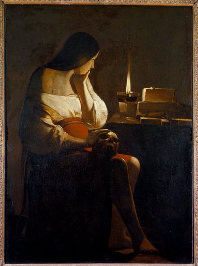 La Madeleine má noční světelný obraz (Vanite) od Georgese de La Tour (1593-1652) Slunce ze 17. století. 1,28x0,94 m od Georges de La Tour