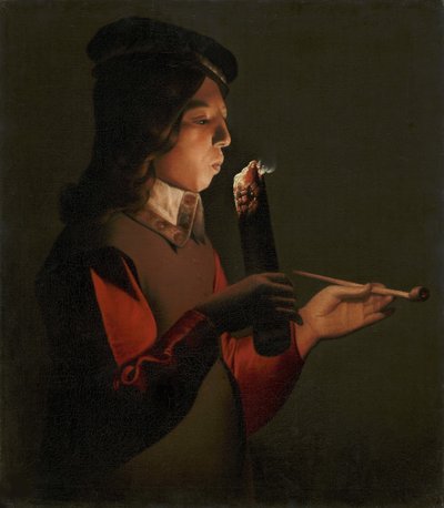 Mladý chlapec s dýmkou, foukající do ohně, od La Tour, Georges, de (1583-1652). olej na plátně od Georges de La Tour