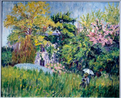Zahrada Bonnieres A čtenář má pod deštníkem ve vysoké trávě. Obraz Georgette Agutte (1867-1922) 1909-1910. Olej na plátně, 81 x 100 cm. Grenoble, musee des Beaux Arts - Zahrada v Bonnieres. Čtenář pod deštníkem ve vysoké trávě. Pa od Georgette Agutte