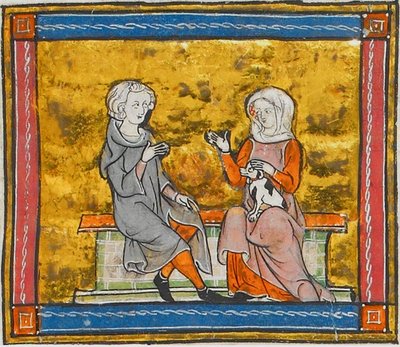 Lancelot v rozhovoru s dámou, která drží malého černobílého psa, z Morte Artu, asi 1315-1325 (41067329535) od Georgia Levan Ramishvili from Tbilisi