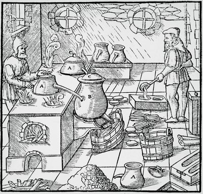 Rytina z De re metallica (O povaze kovů), od Georga Pawera nebo Georgiuse Agricoly (1494-1555), publikovaná v Basileji od Georgius Agricola