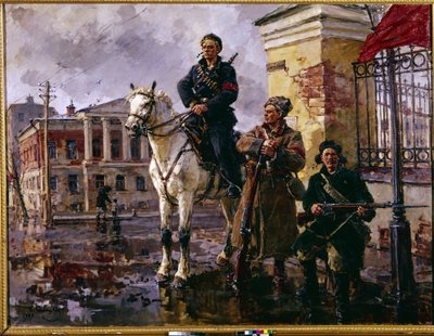 Ruská revoluce z října 1917: ""první dny října"" (první dny října). Dobytí Zimního paláce v Petrohradě 25. října 1917, útok vedený Rudými gardami a bolševiky. Obraz od George (Georgy, Georgi) od Georgiy Konstantinovich Savitsky