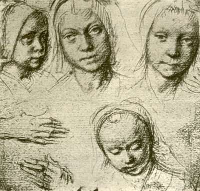 Čtyři hlavy mladé dívky a dvě ruce, c1500-1505, 1908. od Gerard David