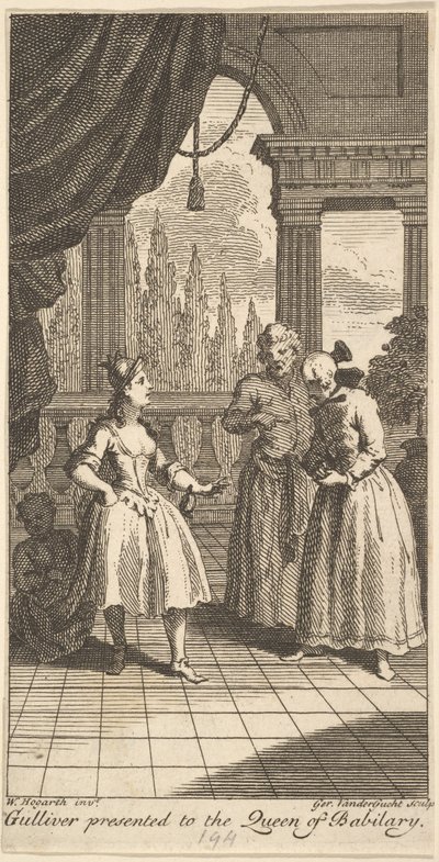 Gulliver představený královně Babilary, Frontispis k The Travels of Mr. ..., únor 1730. od Gerard Vandergucht
