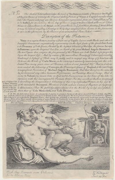 Tombolový lístek o obraz Venuše a Amora podle Michelangela, 1734. od Gerard Vandergucht