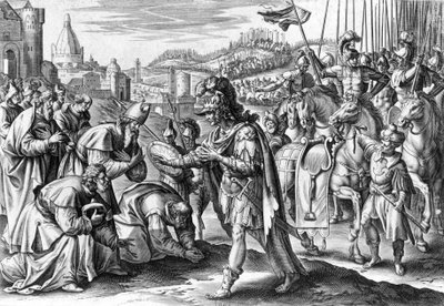 Saint Loup, biskup z Troyes získává Attilu (rytina) od Gerard de Jode