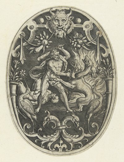 Povrchová dekorace: Hercules zabíjí monstrum Geryon Oválné povrchové dekorace s činy Herkula v groteskách (název série) od Gerard de Jode