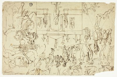 Kopie podle ilustrací soch a obrazů (recto); rozměry kostry člověka (verso) od Gerard de Lairesse