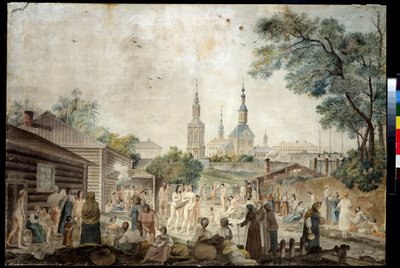 Termální kúra (sauna) v Moskvě (léčebná koupel v Moskvě). Malba Gerarda de la Barthe (aktivní mezi 1787 a 1810). Akvarel na papíře, 45,7 x 66,7 cm, kolem roku 1790. Francouzské umění 18. století. Muzeum soukromých sbírek v A. Pushkin Museum of Fine A od Gerard de la Barthe