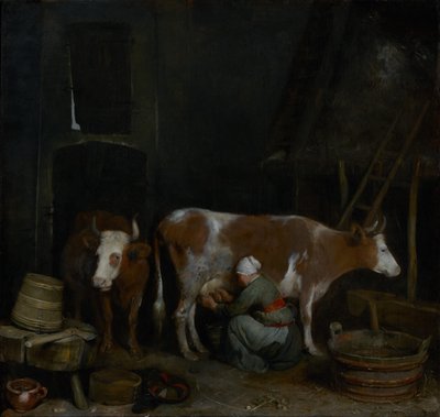 Služka dojící krávu ve stodole od Gerard ter Borch