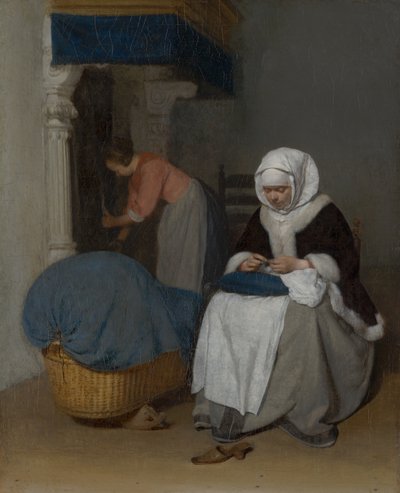Žena šijící vedle kolébky od Gerard ter Borch