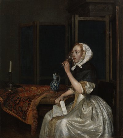 Mladá žena se sklenkou vína, držící v ruce dopis od Gerard ter Borch