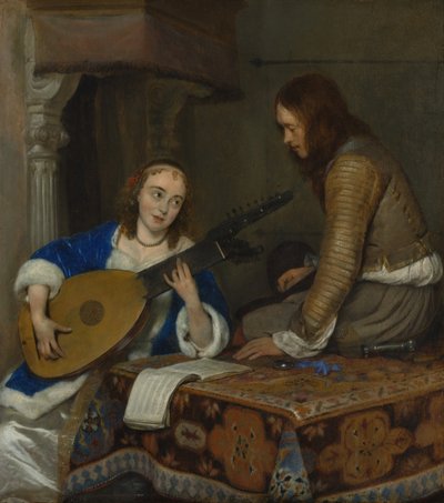 Žena hrající na Theorbo-loutnu a kavalír, c.1658 od Gerard ter Borch