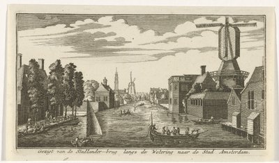 Pohled podél vlhčení na Amsterdam Pohled z mostu Stadlander podél Wetering na město Amsterdam (název na objektu) od Gerardus Condet