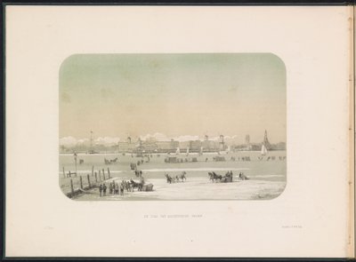 Ledová zábava na Maas v Rotterdamu, při pohledu z Katendrechtu, 1855 Viděné město Katendrecht (název na objektu) Ledová zábava na Maas v Rotterdamu v únoru 1855 s titulky (název série na objektu) od Gerardus Johannes Bos