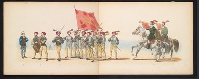 Maškaráda leidenských studentů, 1855 (deska 12) Kostýmovaný průvod pořádaný členy leidenského studentského sboru 12. června 1855 na oslavu 280. výročí Leidsche Hoogeschool, zobrazující vstup Karla V. do od Gerardus Johannes Bos