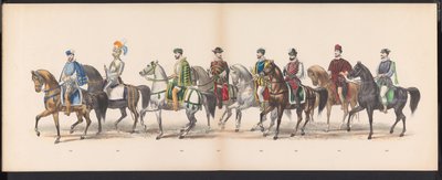 Maškaráda leidenských studentů, 1870 (deska 13) Kostýmovaný průvod pořádaný členy leidenského studentského sboru 7. června 1870 na oslavu 295. výročí Leidsche Hoogeschool, zobrazující návštěvu Leidenu v r. od Gerardus Johannes Bos