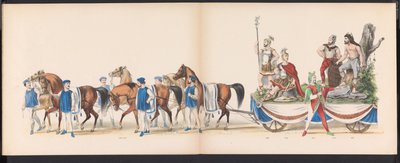 Maškaráda leidenských studentů, 1870 (deska 15) Kostýmovaný průvod pořádaný členy leidenského studentského sboru 7. června 1870 na oslavu 295. výročí Leidsche Hoogeschool, zobrazující návštěvu Leidenu v r. od Gerardus Johannes Bos