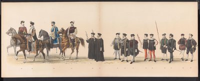 Maškaráda leidenských studentů, 1870 (deska 6) Kostýmovaný průvod pořádaný členy leidenského studentského sboru 7. června 1870 na oslavu 295. výročí Leidsche Hoogeschool, zobrazující návštěvu Leidenu v r. od Gerardus Johannes Bos