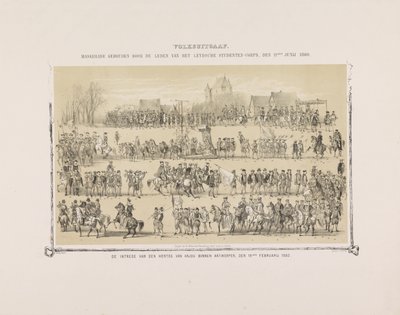 Lidová edice. Maškaráda pořádaná členy Leydsche Studenten-Corps, 11. června 1860. Vstup vévody z Anjou do Antverp, 19. února 1582. (název na předmětu) od Gerardus Johannes Bos