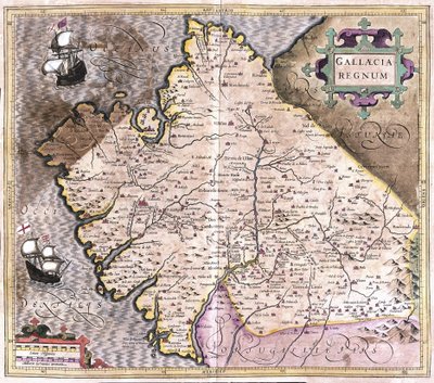 Galicia, Santiago de Compostela, Monforte de Lemos, severozápadní Španělsko (rytina od Gerardus Mercator