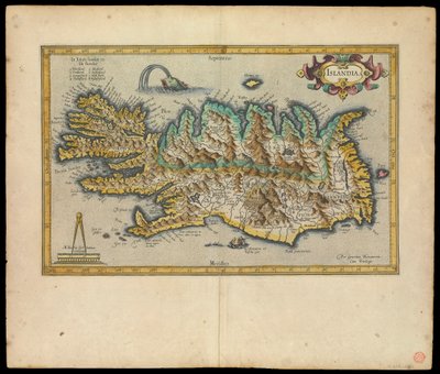 Islandia, Per Gerardum Mercatorem cum privilegio, asi 1595 (tuš, akvarel, rytina, papír) od Gerardus Mercator