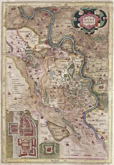 Tok řeky Rýn ve Vestfálsku, Německo (rytina od Gerardus Mercator