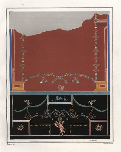 Nástěnná malba z atria v domě Tryptolemus. VI, Ins. VII, č. 18. Chromolitografie Victora Steegera podle ilustrace Geremia Discanno z Emile Presuhna (1844-1878) Nejkrásnější obrazy Pompejí, Lipsko od Geremia Discanno