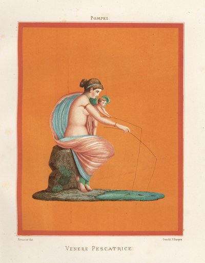 Nástěnná malba Venuše a Amor rybaření s pruty z rybníka. Nalezeno v Regio V.V.3, Dům gladiátorů. Chromolitografie od Victora Steegera podle ilustrace Geremia Discanno z Emile Presuhna (1844-1878) Nejkrásnější obrazy Pompejí, od Geremia Discanno