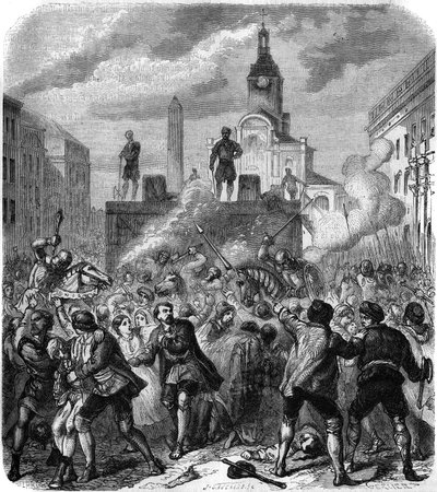 Stockholmské krveprolití, masakry švédských vůdců národního odporu nařízené dánským králem Kristiánem II., 8. listopadu 1520: armáda se snaží uklidnit hněv obyvatelstva, nuceného přihlížet popravám. Gravírování Gerlier od Gerlier Gerlier