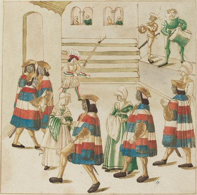Muži v červené, bílé a modré tančí se svými partnerkami od German 16th Century