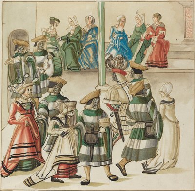 Tři taneční páry vedené dvěma rytíři v místnosti se sloupem od German 16th Century