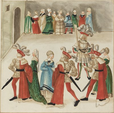 Tři muži v červených pláštích tančí se svými partnerkami od German 16th Century