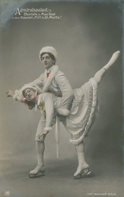 Pohlednice bruslařů, odeslaná v roce 1913 (ručně kolorovaná fotografie) od German Photographer