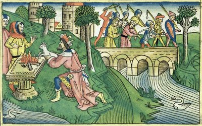 2 Kings 16 9-16 Obyvatelé Damašku jsou odvedeni do zajetí, z norimberské bible (Biblia Sacra Germanaica) (barevný dřevoryt) od German School