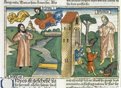 2 Kings 2 1-24 Eliáš stoupá do nebe ve vichřici a chlapci, kteří se Elizeovi posmívali, jsou sežráni medvědy, z norimberské bible (Biblia Sacra Germanaica) (barevný dřevoryt) od German School