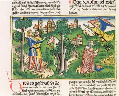 2 Samuel 20 10 Joab zabíjí Amasu, z „Norimberské bible (Biblia Sacra Germanaica)“ (barevný dřevoryt) od German School