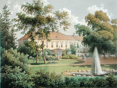 Německá zahrada, z „Velkých sídel, zámků a sídel rytířských statkářů v pruské monarchii“, vydaná kolem roku 1852-63 (barevně lito) od German School