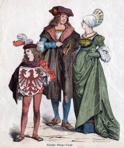Buržoazní rodina. Německé kostýmy XVI. století z "Munchener Bilderbogen", Německo, kolem roku 1880 (rytina) od German School