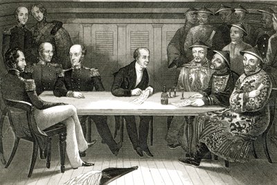 Konference v Chusan mezi komodorem Bremerem a čínským úředníkem Changem na palubě HMS Wellesley, 4. července 1841 od German School