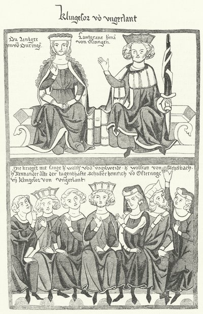 Vyobrazení Sangerkrieg, soutěže mezi pěvci na hradě Wartburg v Durynsku v roce 1207, z Codexu Manesse (rytina) od German School