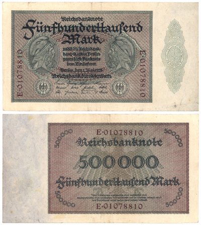 Bankovka pěti set tisíc marek, 1923 (obrácená a zadní strana) od German School