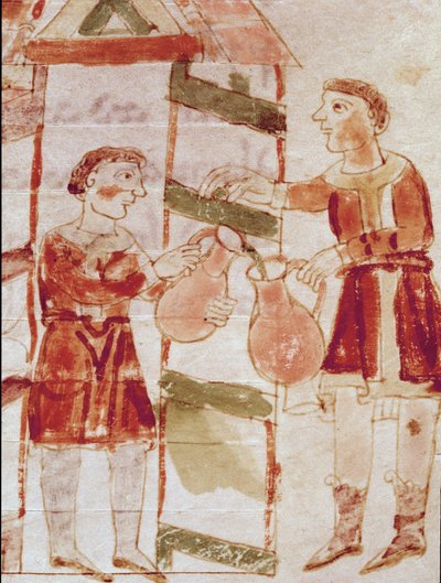 Miniaturní obchodník s vínem převzatý ze svazku „De Taverne“, rukopis „De Universe“ (nebo De rerum naturis (O přirozenosti věcí)) (kód. 132) od Rabanuse Maura Magnentia (nebo Raban Maur nebo Rabano Mauro) (ca 780-856). 9. století. Archiv Mont od German School