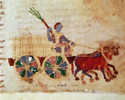 Rolník na miniaturním vozíku z rukopisu „“ De Universo“ (nebo De rerum naturis (O přirozenosti věcí)) (kód. 132) od Rabana Maura Magnentia (nebo Rabana Maura nebo Rabana Maura) (asi 780-856 ). 9. století. Archiv opatství Monte Cassino (Mount Cass od German School