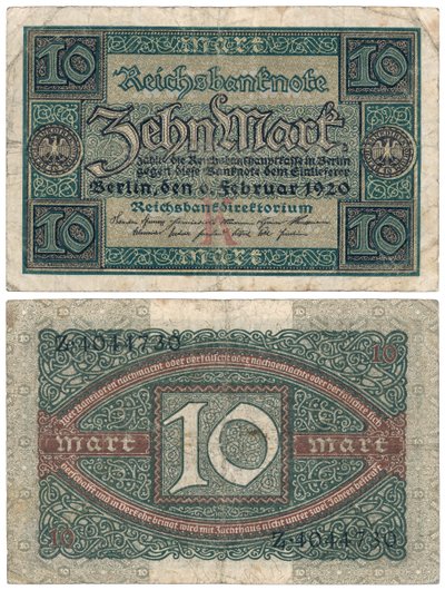 Desetimarková bankovka, 1920 (pravé a zadní) od German School