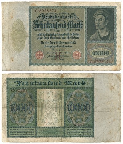 Desetitisícová bankovka, 1922 (pravé a zadní) od German School